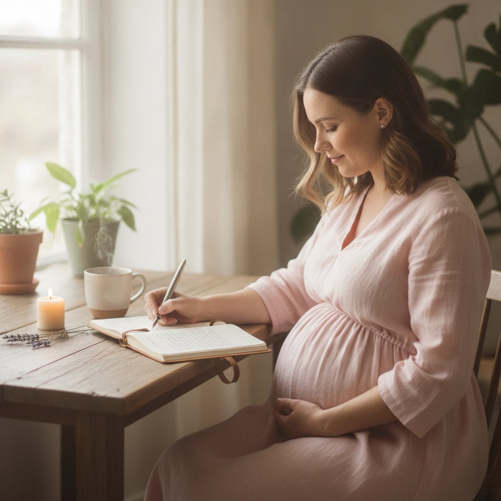 Visualisation positive accouchement preparation mentale - femme enceinte écrivant ses affirmations positives