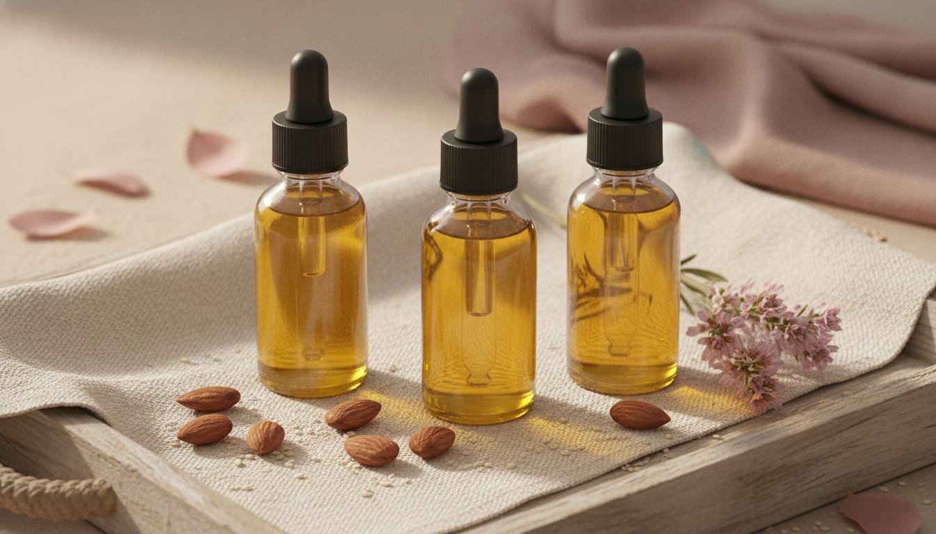 Choisir huile végétale vierge pression à froid qualité - flacons en verre ambré et graines sur un plateau en bois