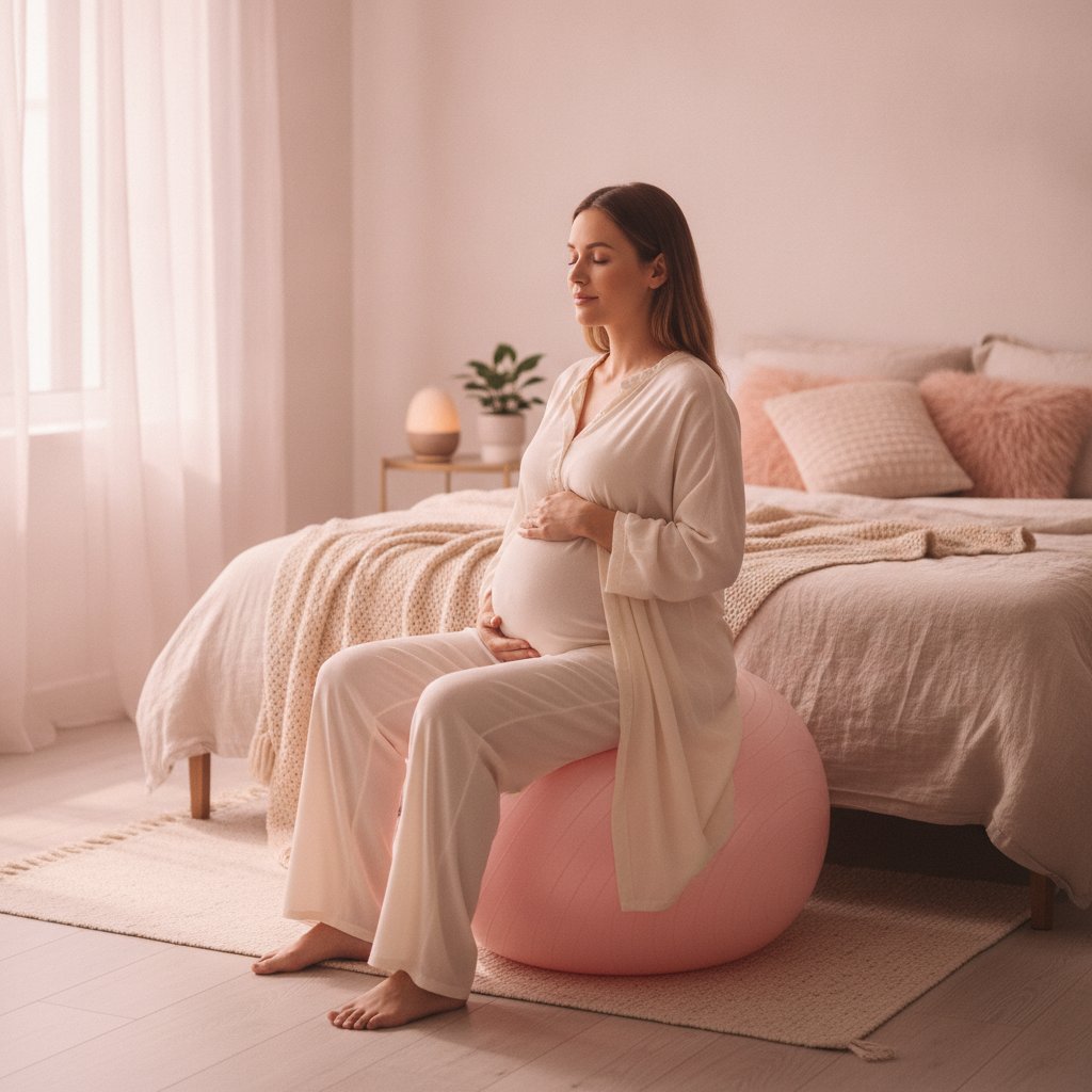 Coherence cardiaque grossesse respiration accouchement - femme enceinte assise sur un ballon de naissance en respiration