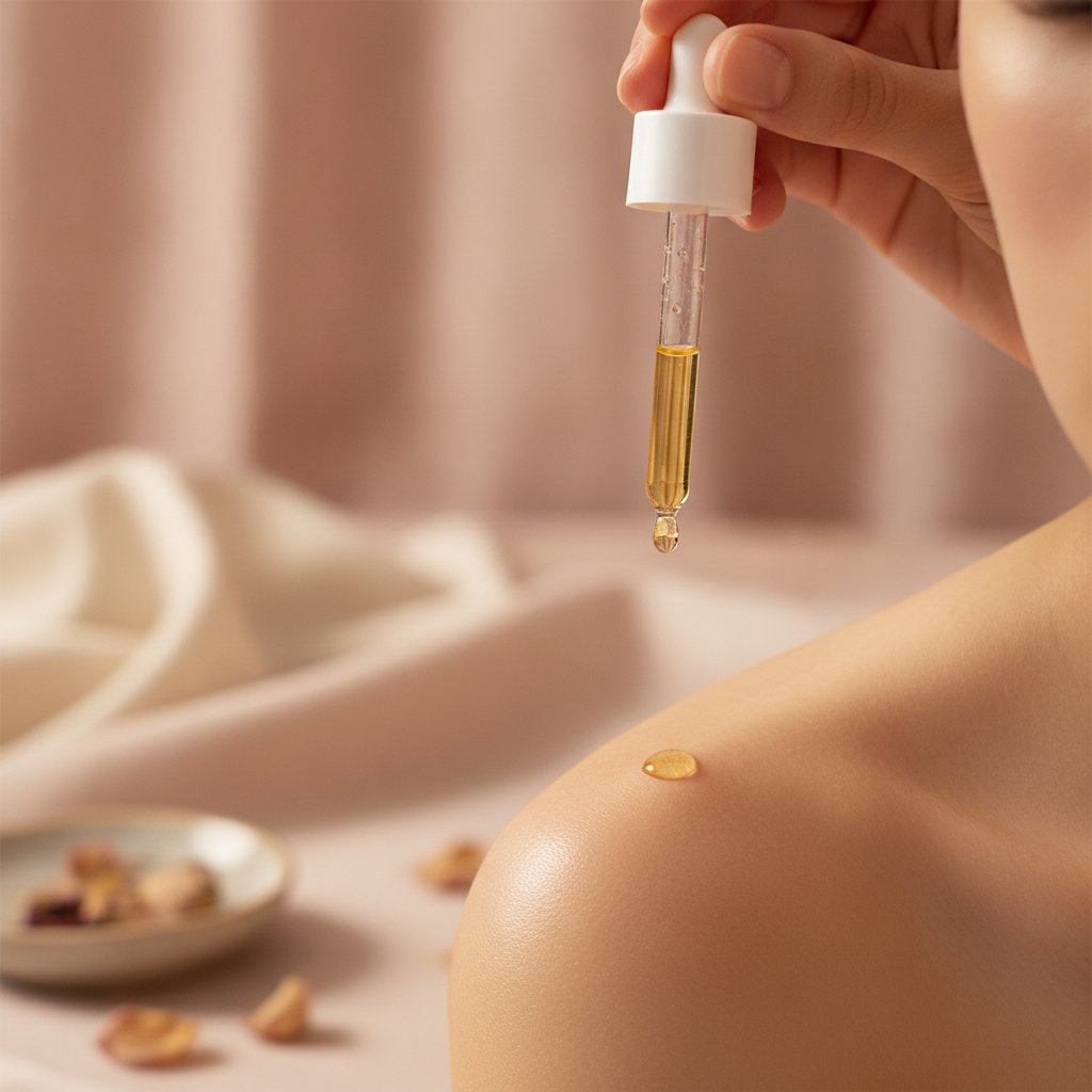 Application dune goutte dhuile de jojoba bio sur la peau