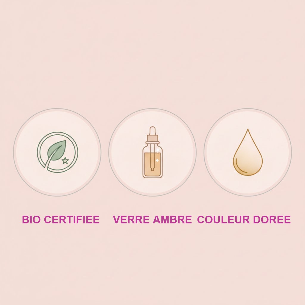 Criteres de qualite huile jojoba bio : certification bio, flacon verre ambre, couleur doree