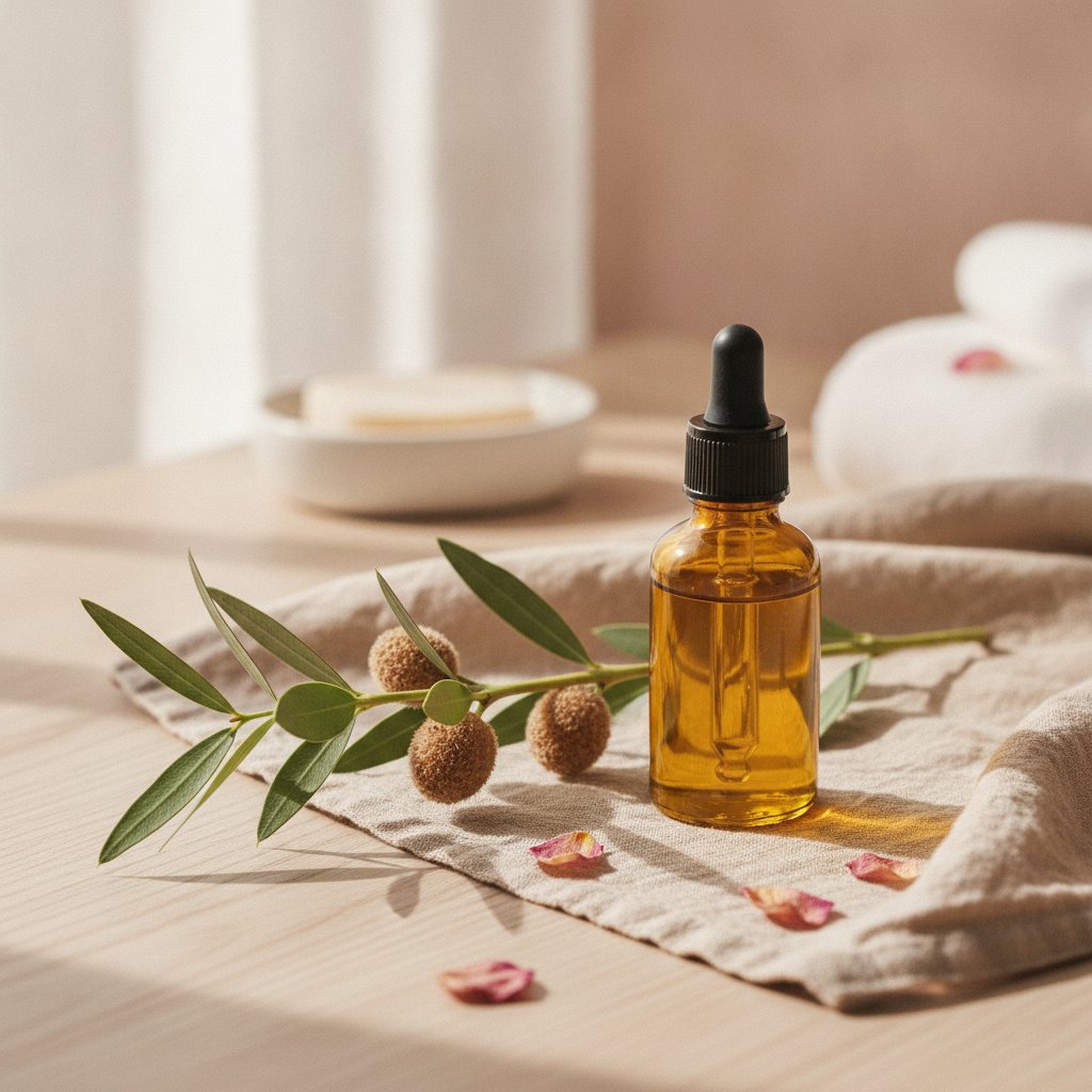 Flacon huile de jojoba bio premiere pression a froid avec graines et branche naturelle