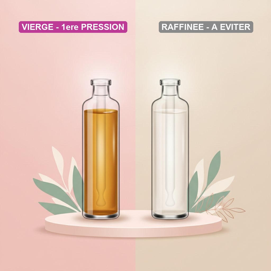 Comparaison huile de jojoba vierge premiere pression a froid doree et huile raffinee incolore