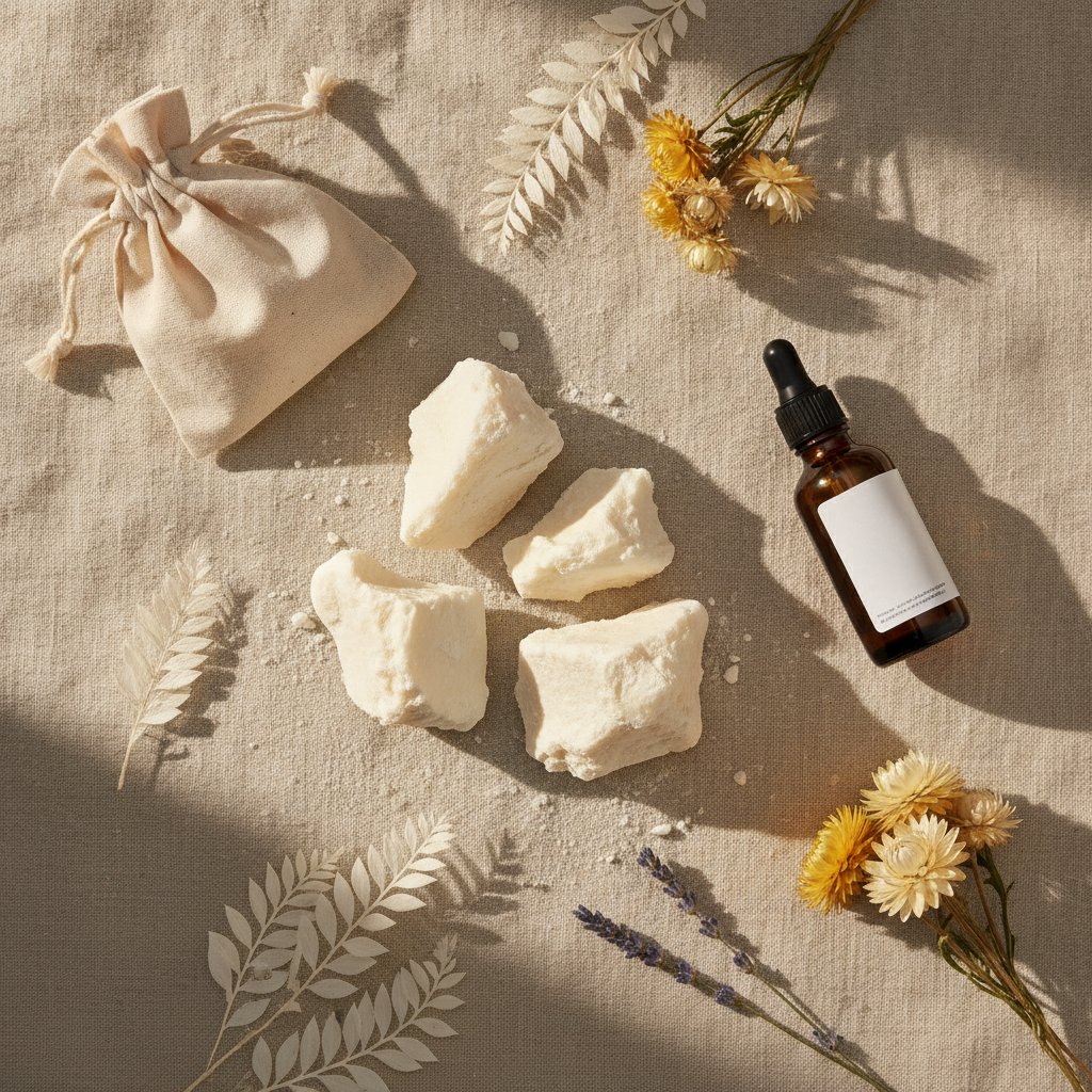 Huile karité vergetures grossesse soin naturel - beurre de karité brut et flacon d'huile naturelle