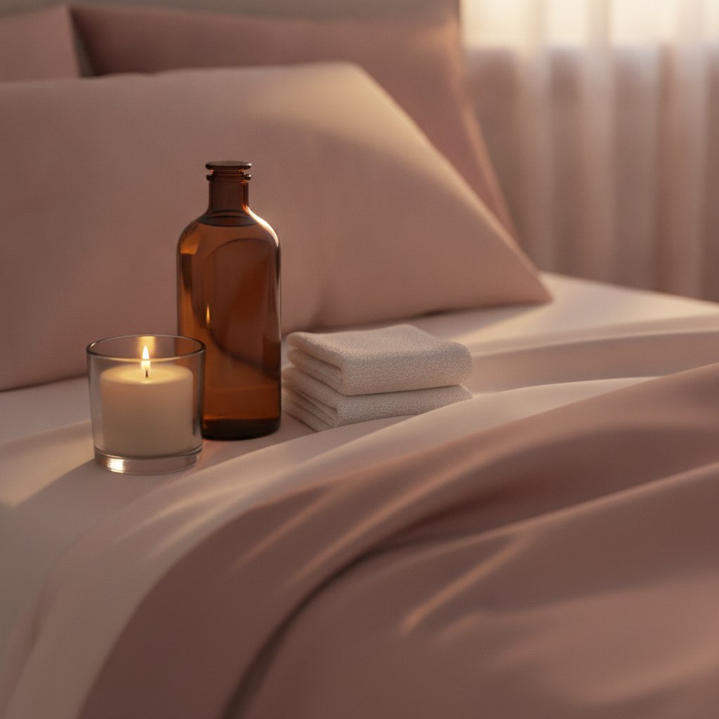 Choisir huile végétale vierge pression à froid qualité - table de chevet avec huile de massage, bougie et serviette
