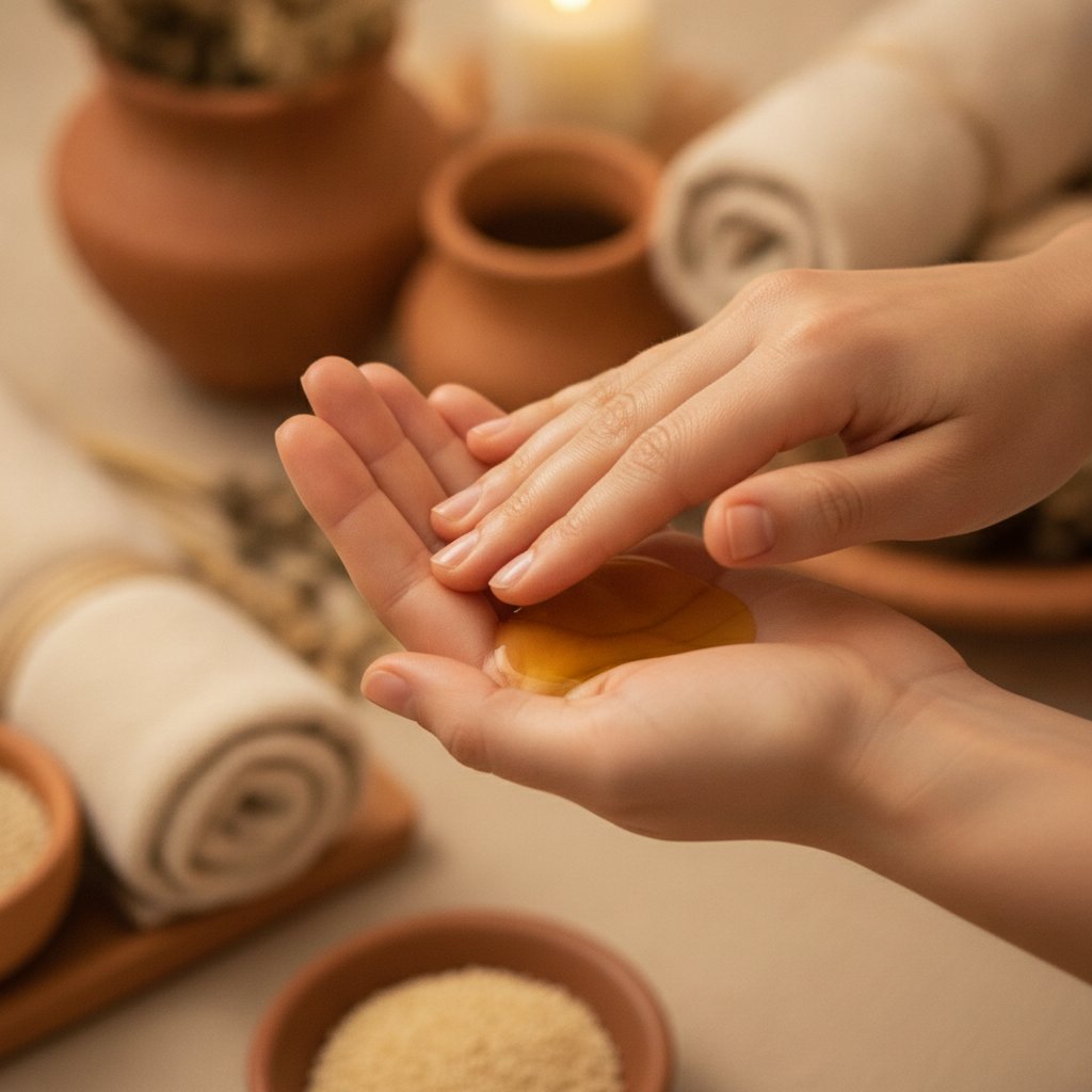 Huile sesame soin intime ayurveda bienfaits application massage mains