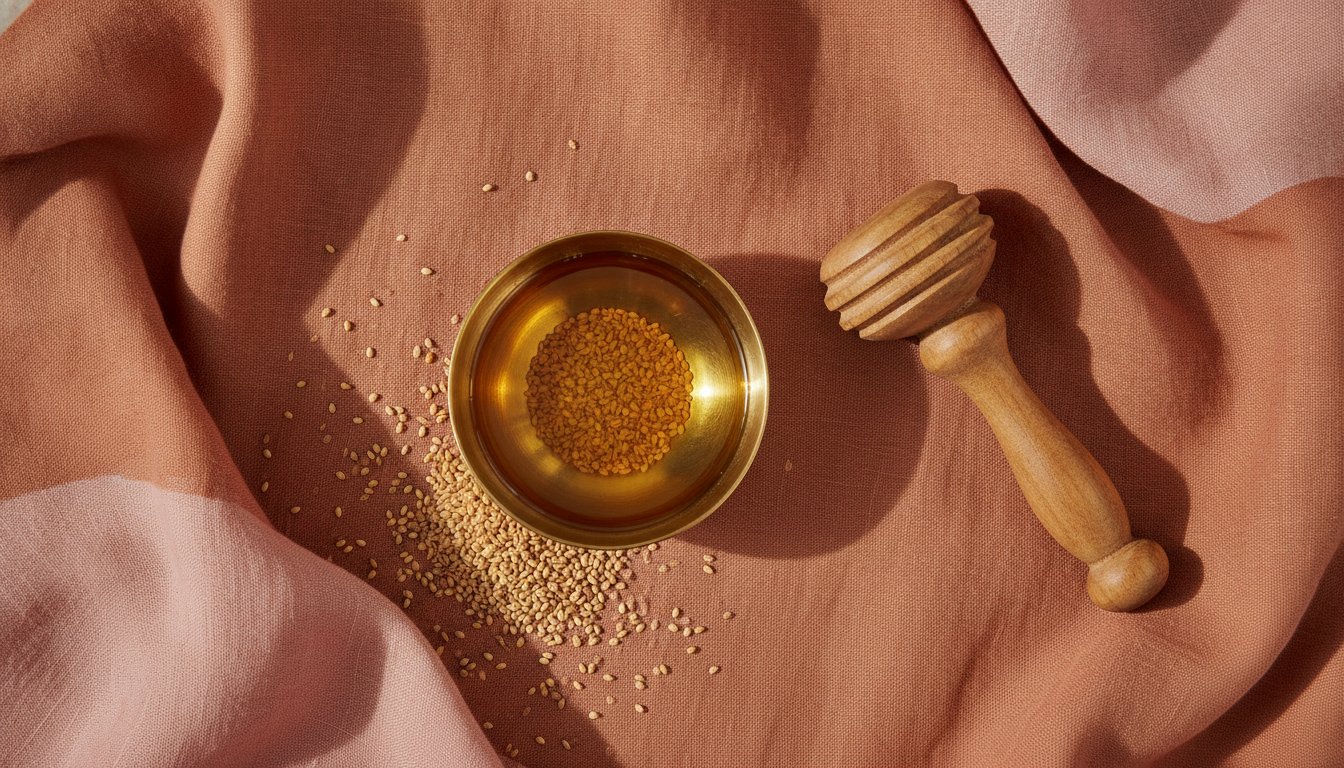 Huile de sesame soin intime ayurveda bienfaits dans un bol en cuivre avec graines