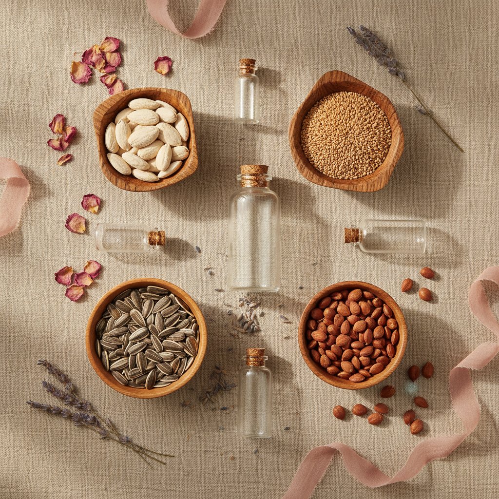 Choisir huile végétale vierge pression à froid qualité - graines, noix et amandes dans des bols en bois