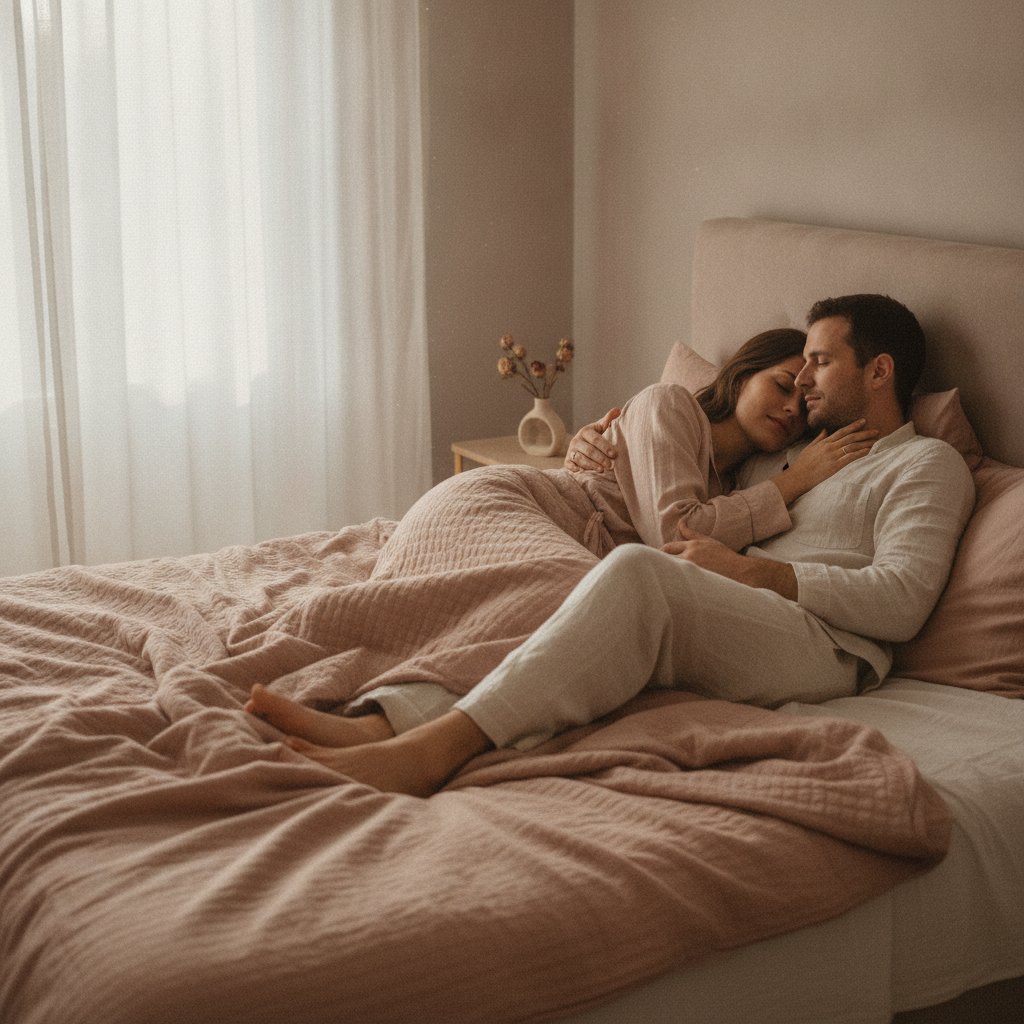positions sexuelles douces reprise post-partum - couple tendre au lit