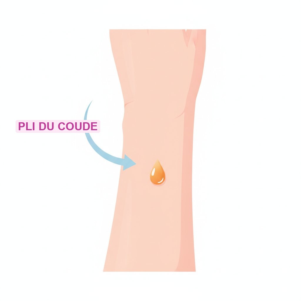 Test cutané huile végétale femme enceinte - zone du pli du coude pour appliquer la goutte test